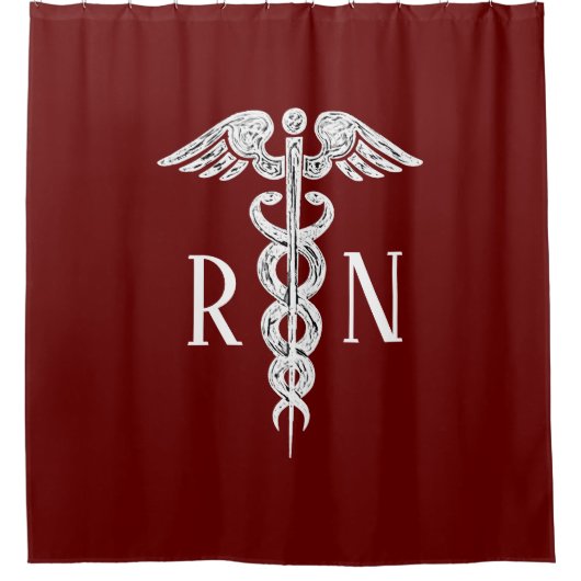 Nurse RN Medical Caduceus Rustic Burgundy White Douchegordijn (Voorkant)