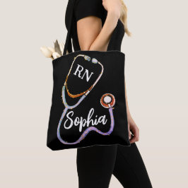 Nurse RN Paars Gold Stethoscoop Black Minimalist Tote Bag