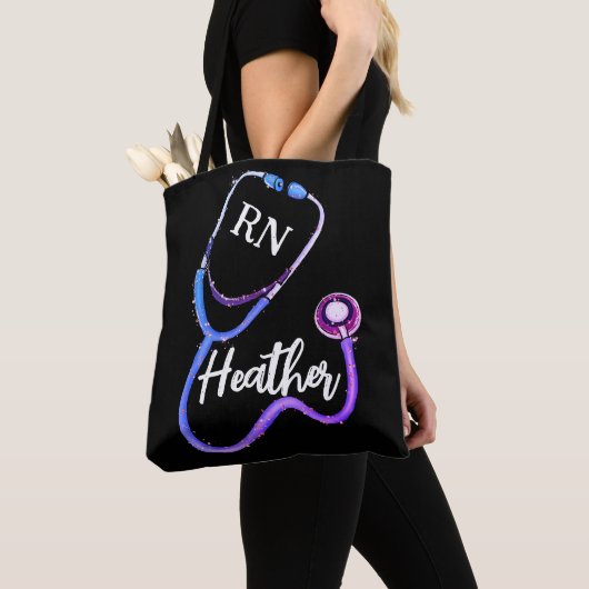Nurse RN Paarse roze Stethoscoop Black minimalist Tote Bag (Dichtbij)