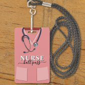 Nurse Scrubs Roze Shirt Stethoscope Hall Pass Badge
