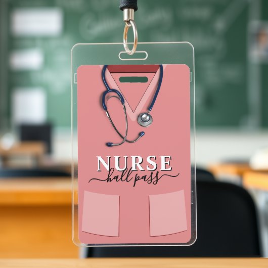 Nurse Scrubs Roze Shirt Stethoscope Hall Pass Badge