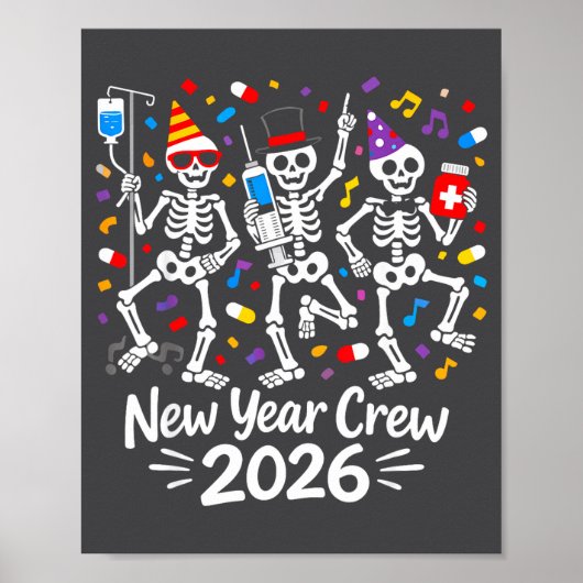 Nurse Skeleton New Year Crew 2026 Funny Er Icu Par Poster (Voorkant)