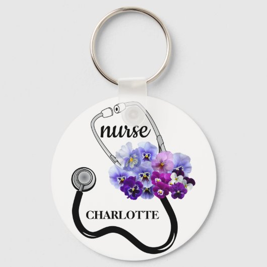 Nurse Stethoscoop en Blue Pansy Floral Sleutelhanger (Voorkant)