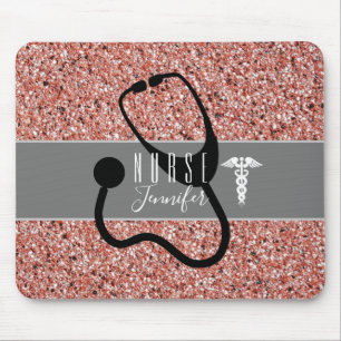 Nurse Stethoscope Caduceus Roos Gold Glitter Muismat