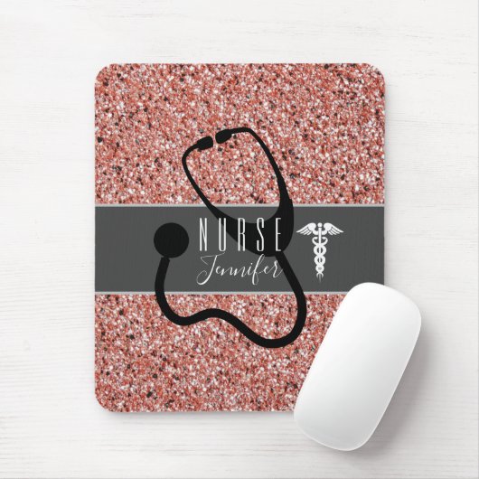 Nurse Stethoscope Caduceus Roze Rose Gold Glitter Muismat (Met muis)