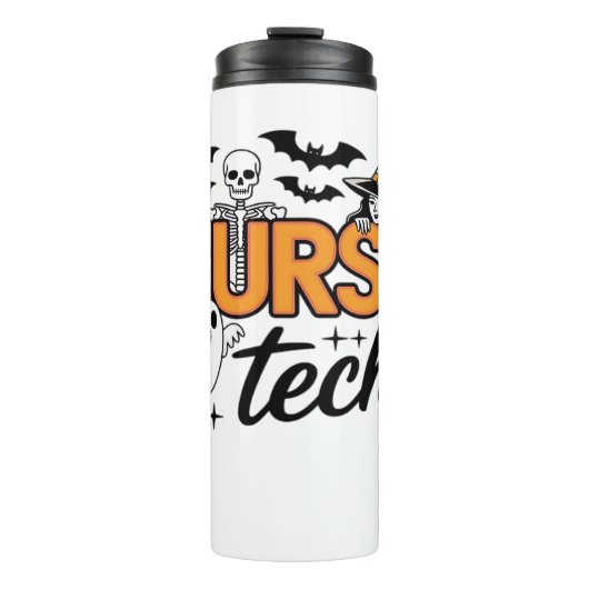 Nurse Tech - Halloween - met skelet, heks, en Thermosbeker (Voorkant)