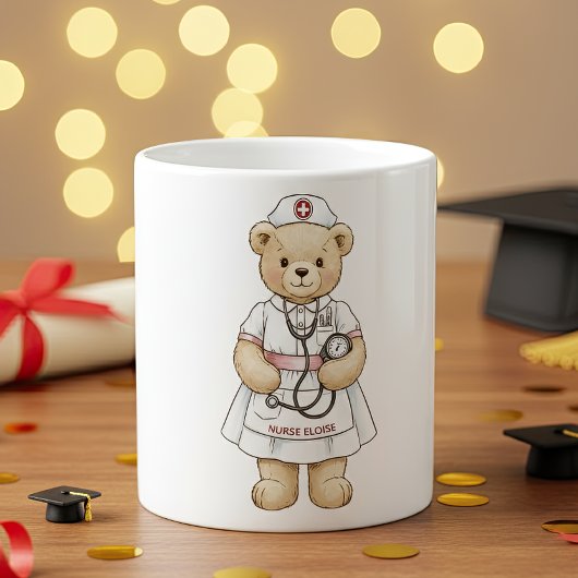 Nurse Teddy Bear Mug – Custom Name Gift for Nurses Koffiemok
