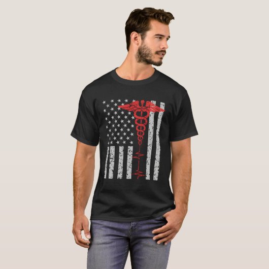 Nurse Thin Red Line Caduceus Amerikaanse vlag T-shirt (Voorkant volledig)