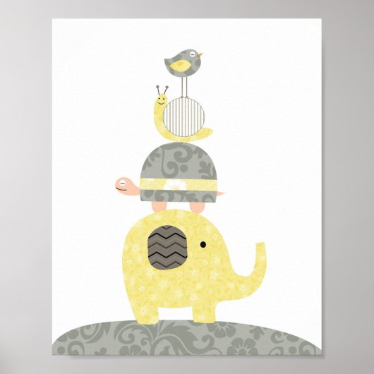 Nursery art illustration elephant bird turtle poster (Voorkant)