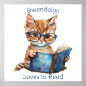 Nursery Art Poster Cat Lezen van een boek Personal (Voorkant)