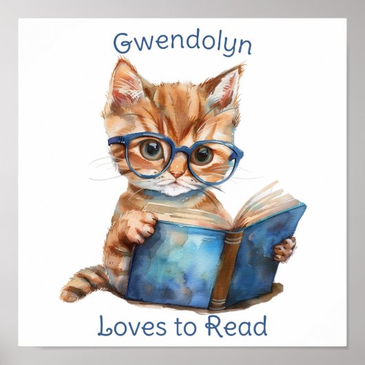 Nursery Art Poster Cat Lezen van een boek Personal (Voorkant)