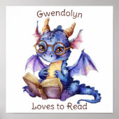 Nursery Art Poster Dragon Reading Personaliseren (Voorkant)