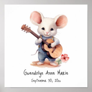 Nursery Art Poster Muis Gitaar spelen, Linkerhand