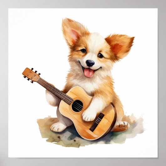 Nursery Art Poster Puppy met een gitaar (Voorkant)