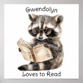 Nursery Art Poster Raccoon Reading (Voorkant)