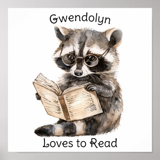 Nursery Art Poster Raccoon Reading (Voorkant)