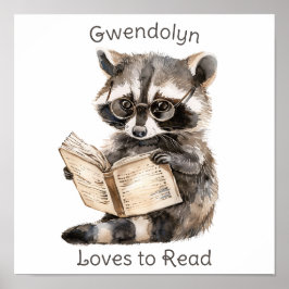 Nursery Art Poster Raccoon Reading