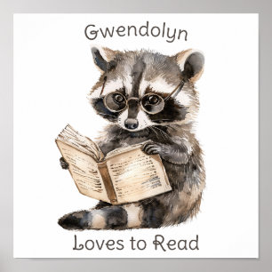 Nursery Art Poster Raccoon Reading