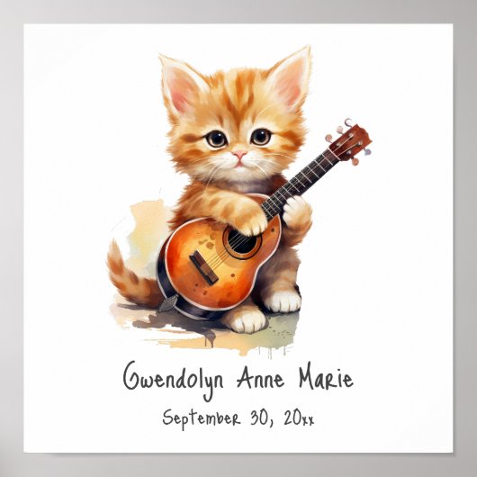 Nursery Art Poster Tabby Cat met gitaar (Voorkant)