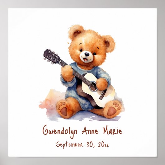 Nursery Art Poster Teddy Bear Gitaar (Voorkant)