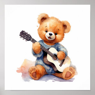 Nursery Art Poster Teddy Bear Gitaar Linkshandig