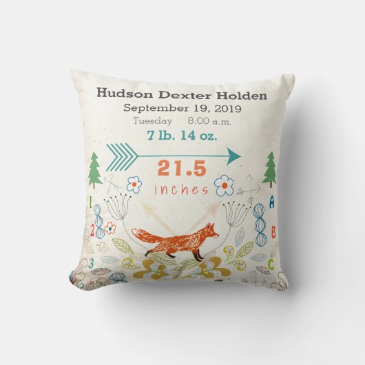 Nursery Baby Boy Birth Stats Fox Arrows Acorns Kussen (Voorkant)