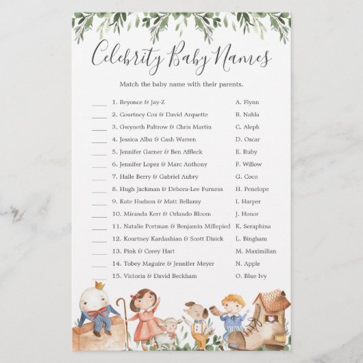 Nursery Baby shower Celebrity Baby Names Game (Voorkant)