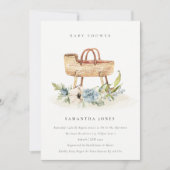 Nursery Blue Floral Bassinet Baby shower Invite Bedankkaart (Voorkant)