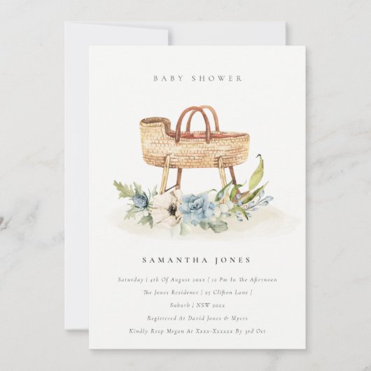 Nursery Blue Floral Bassinet Baby shower Invite Bedankkaart (Voorkant)