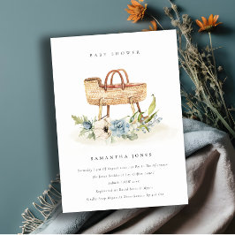 Nursery Blue Floral Bassinet Baby shower Invite Bedankkaart