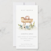 Nursery Blue Floral Bassinet Baby shower Invite Bedankkaart (Voorkant)