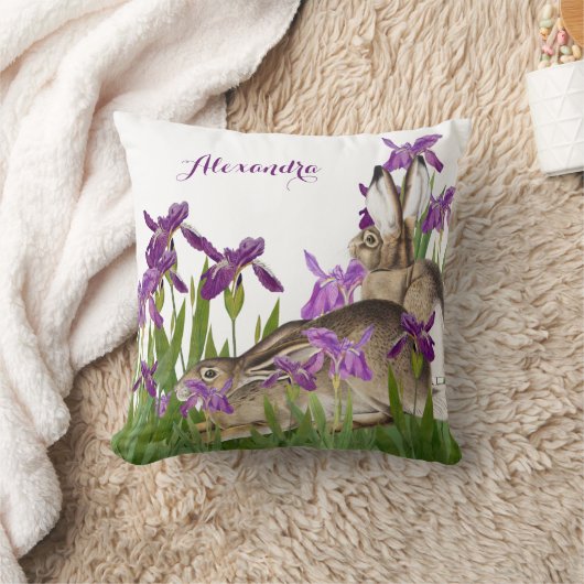 Nursery Bunny Rabbit Paarse Iris Floral Kussen (Deken)