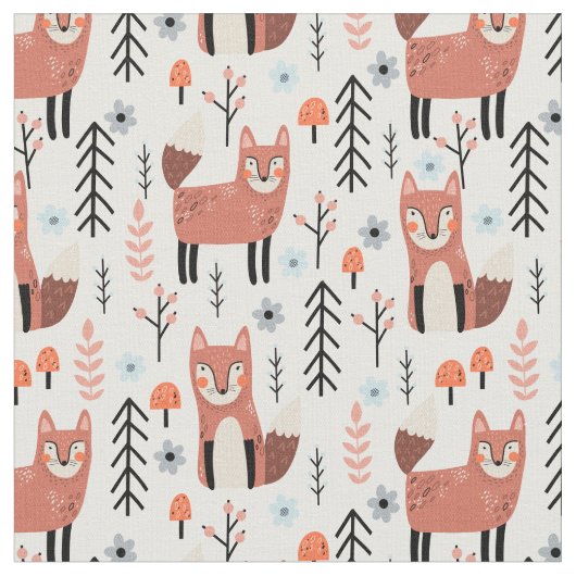 Nursery Cute Fox Forest Woodland Pattern Stof (Close Up)