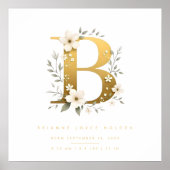 Nursery Cute Romantic Floral B Letter Gold Effect Poster (Voorkant)