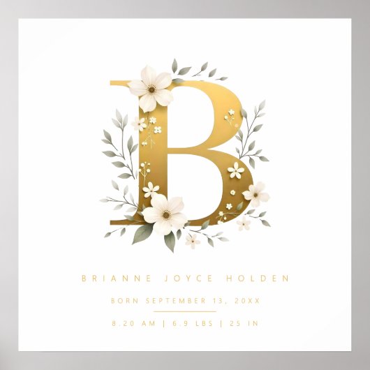 Nursery Cute Romantic Floral B Letter Gold Effect Poster (Voorkant)