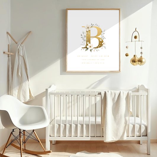 Nursery Cute Romantic Floral B Letter Gold Effect Poster