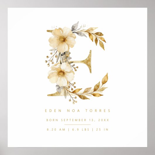 Nursery Cute Romantic Floral E Letter Gold Glitter Poster (Voorkant)