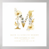 Nursery Cute Romantic Floral M Letter Gold Effect Poster (Voorkant)