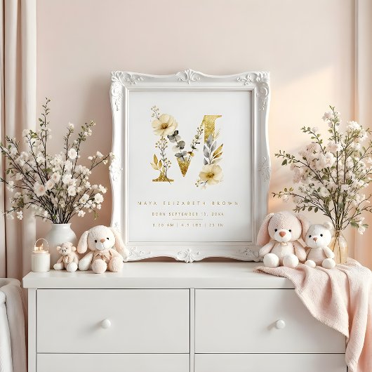 Nursery Cute Romantic Floral M Letter Gold Effect Poster