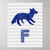 Nursery Decor Blue Fox Letter F Gray Chevron Poster (Voorkant)