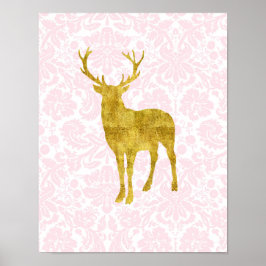 Nursery Decor Gold Deer Girly Pink Damask Poster