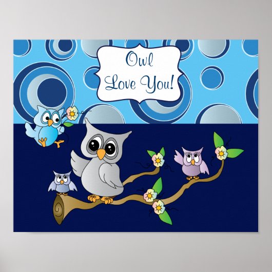 Nursery Design voor Navy Blue en Grey Baby Owl Poster (Voorkant)