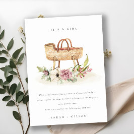 Nursery Pink Floral Bassinet Baby Bedankkaart