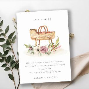 Nursery Pink Floral Bassinet Baby Bedankkaart