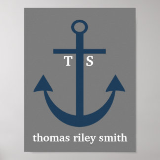 Nursery Print Navy Blue en Grey Anchor Monogram