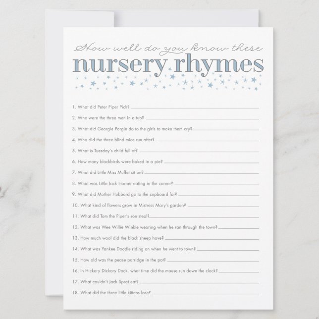 Nursery Rhyme Game Star Baby shower Kaart (Voorkant)