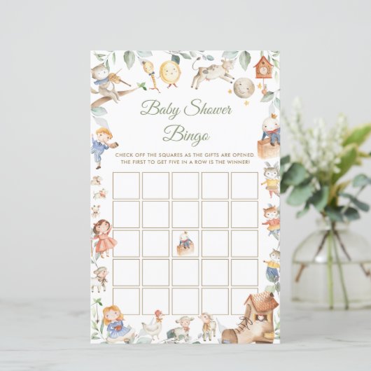 Nursery Rhyme Greenery Baby shower Bingo Game (Staand voorkant)