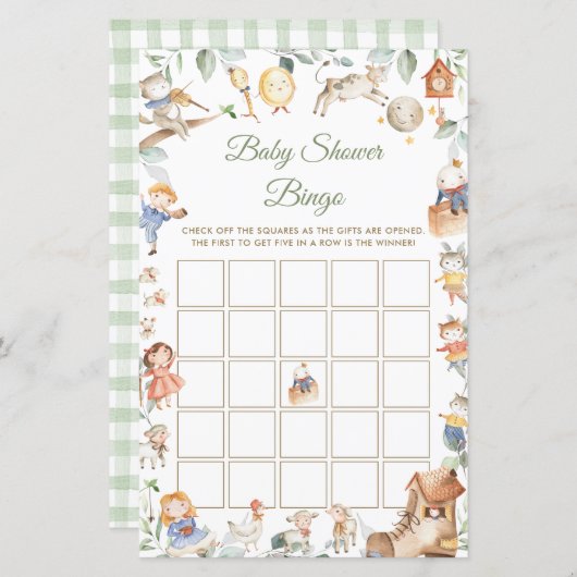 Nursery Rhyme Greenery Baby shower Bingo Game (Voorkant / Achterkant)