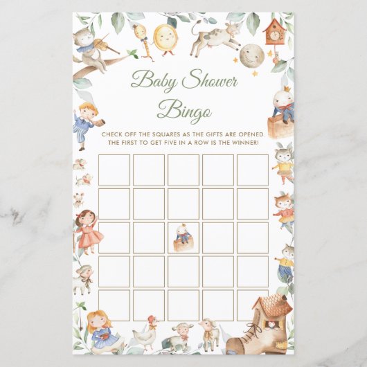 Nursery Rhyme Greenery Baby shower Bingo Game (Voorkant)
