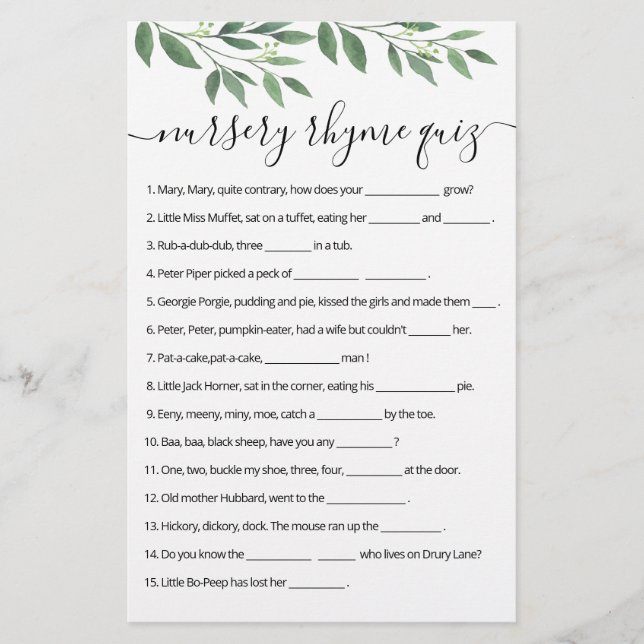 Nursery Rhyme Quiz Baby shower game met Answers (Voorkant)